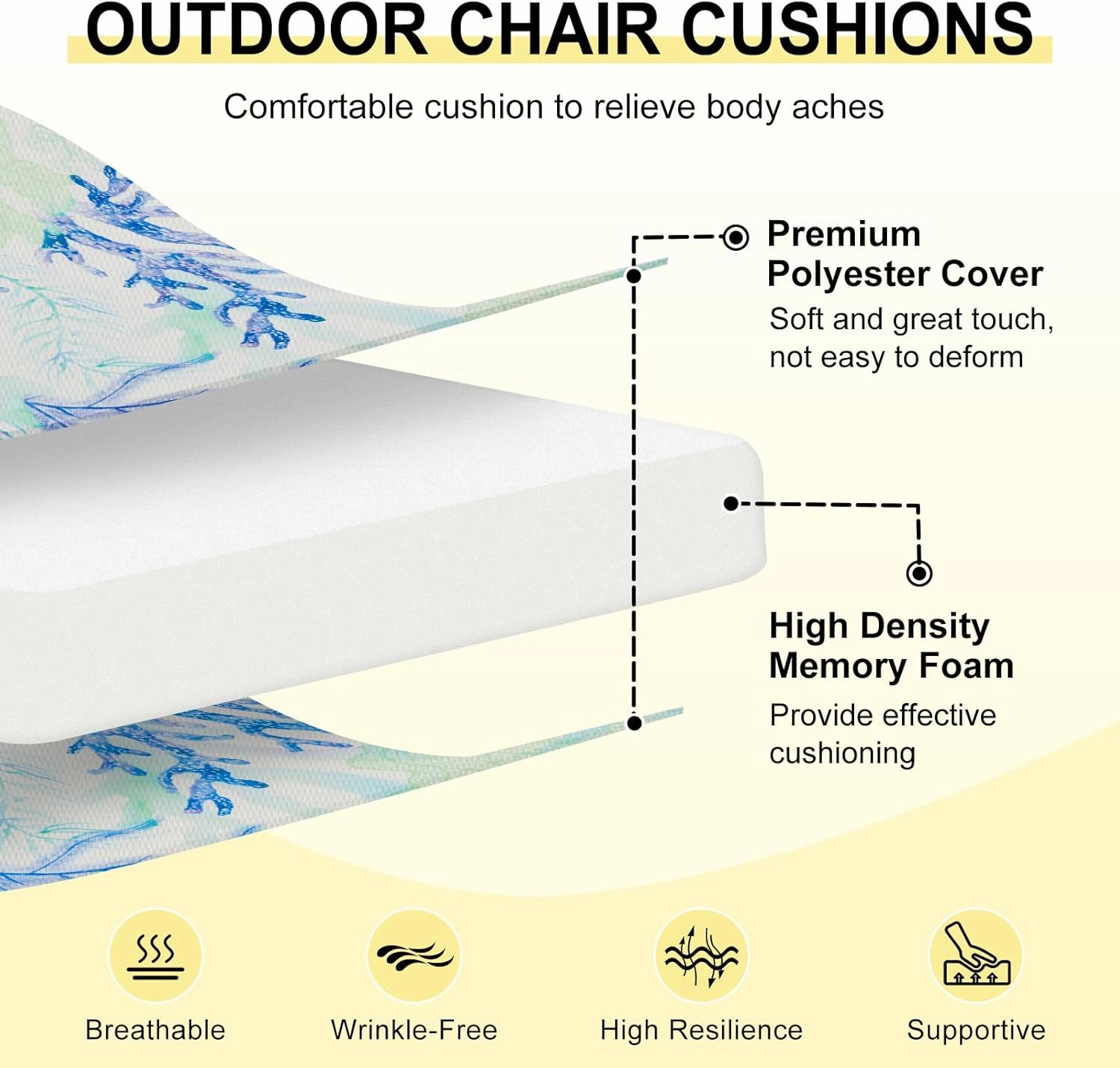downluxe Outdoor Chair Cushions Set of 4 for Patio Furniture, Water-Resistant Patio Chair Cushions with Ties, High Density Foam Outdoor Seat Cushion, 17" X 16" X 2", Blue Coral