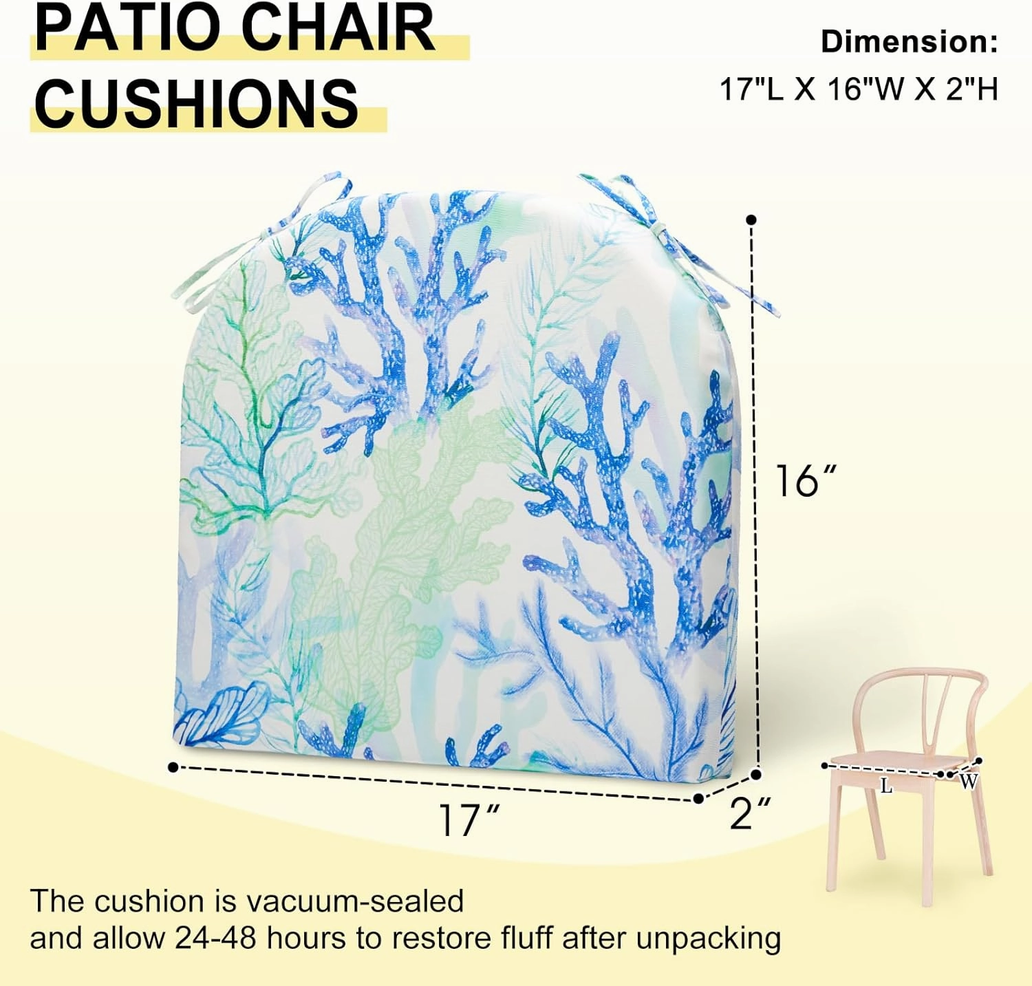 downluxe Outdoor Chair Cushions Set of 4 for Patio Furniture, Water-Resistant Patio Chair Cushions with Ties, High Density Foam Outdoor Seat Cushion, 17" X 16" X 2", Blue Coral