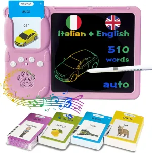 Drawing Writing Tablet for Toddlers - Talking Italian English Flash Cards for Kids 3-12, Bilingual Italiano Sensory Toys for Autistic Children, 510 Sight Words, Pocket Speech (Pink)