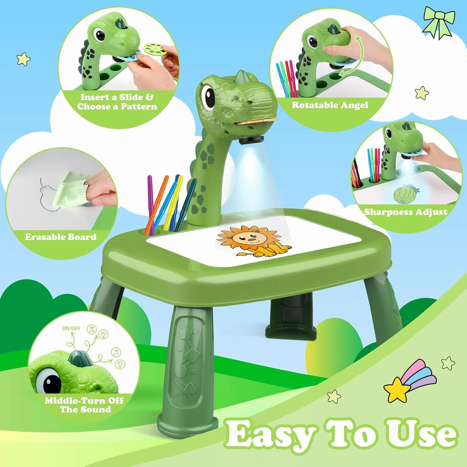 Drawing Projector for Kids with Art Supplies - Includes Drawing Board, Crayons & Coloring Book - Dinosaur-Themed Art & Craft Toy for Boys Ages 3-5 Year Old