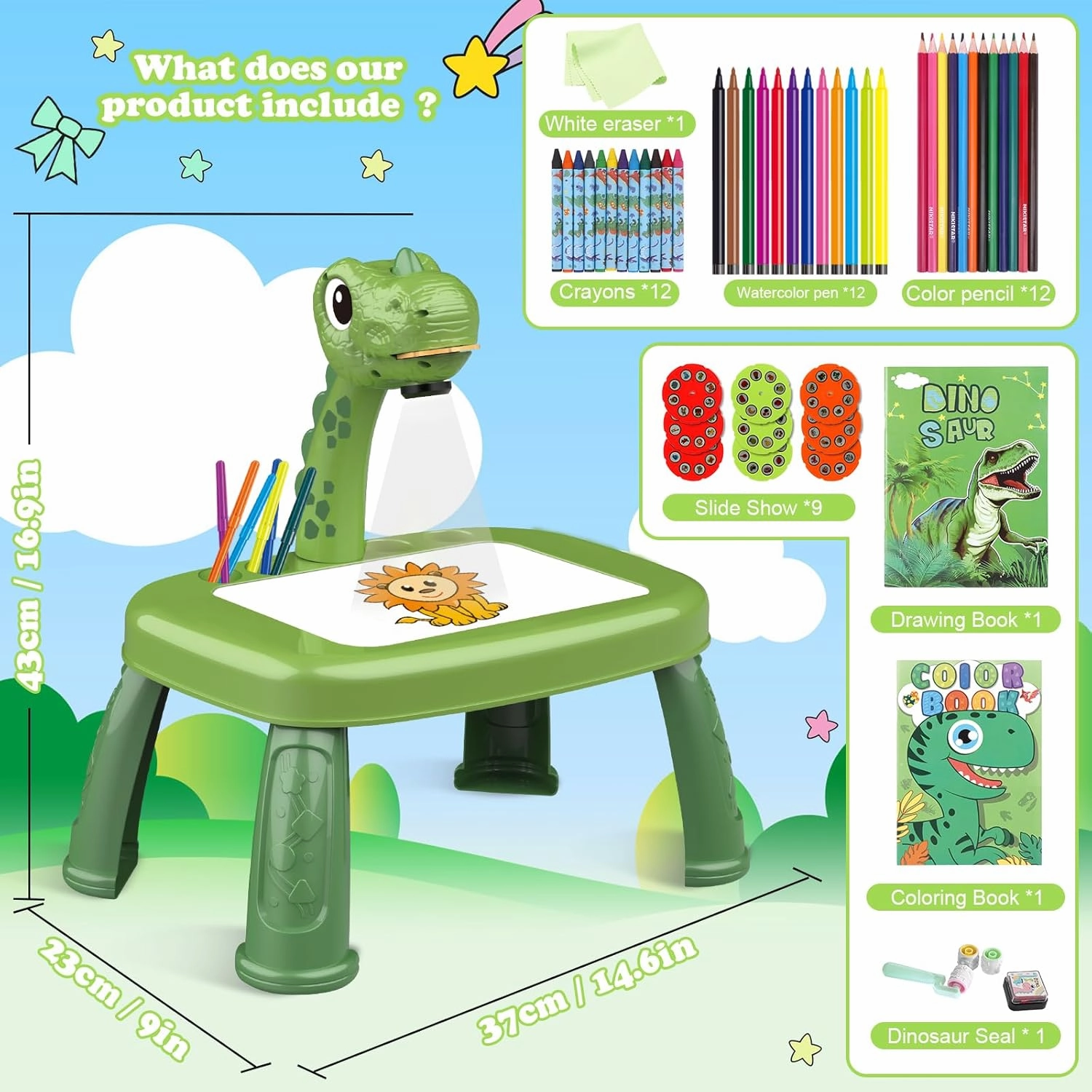 Drawing Projector for Kids with Art Supplies - Includes Drawing Board, Crayons & Coloring Book - Dinosaur-Themed Art & Craft Toy for Boys Ages 3-5 Year Old