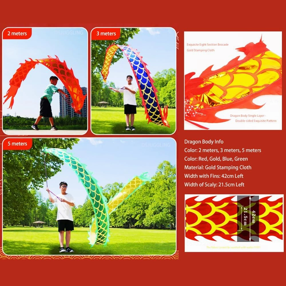 DSJUGGLING Lightweight Dragon Poi Set with 3D Head & Swing Rope for Beginners, Flowy Green Dragon Ribbon Streamer - Golden Green, 9.8 FT (3M)