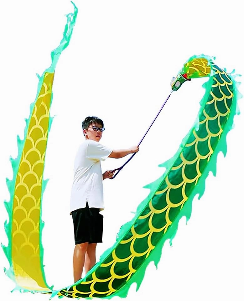 DSJUGGLING Lightweight Dragon Poi Set with 3D Head & Swing Rope for Beginners, Flowy Green Dragon Ribbon Streamer - Golden Green, 9.8 FT (3M)