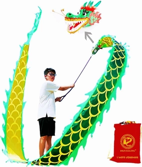DSJUGGLING Lightweight Dragon Poi Set with 3D Head & Swing Rope for Beginners, Flowy Green Dragon Ribbon Streamer - Golden Green, 9.8 FT (3M)