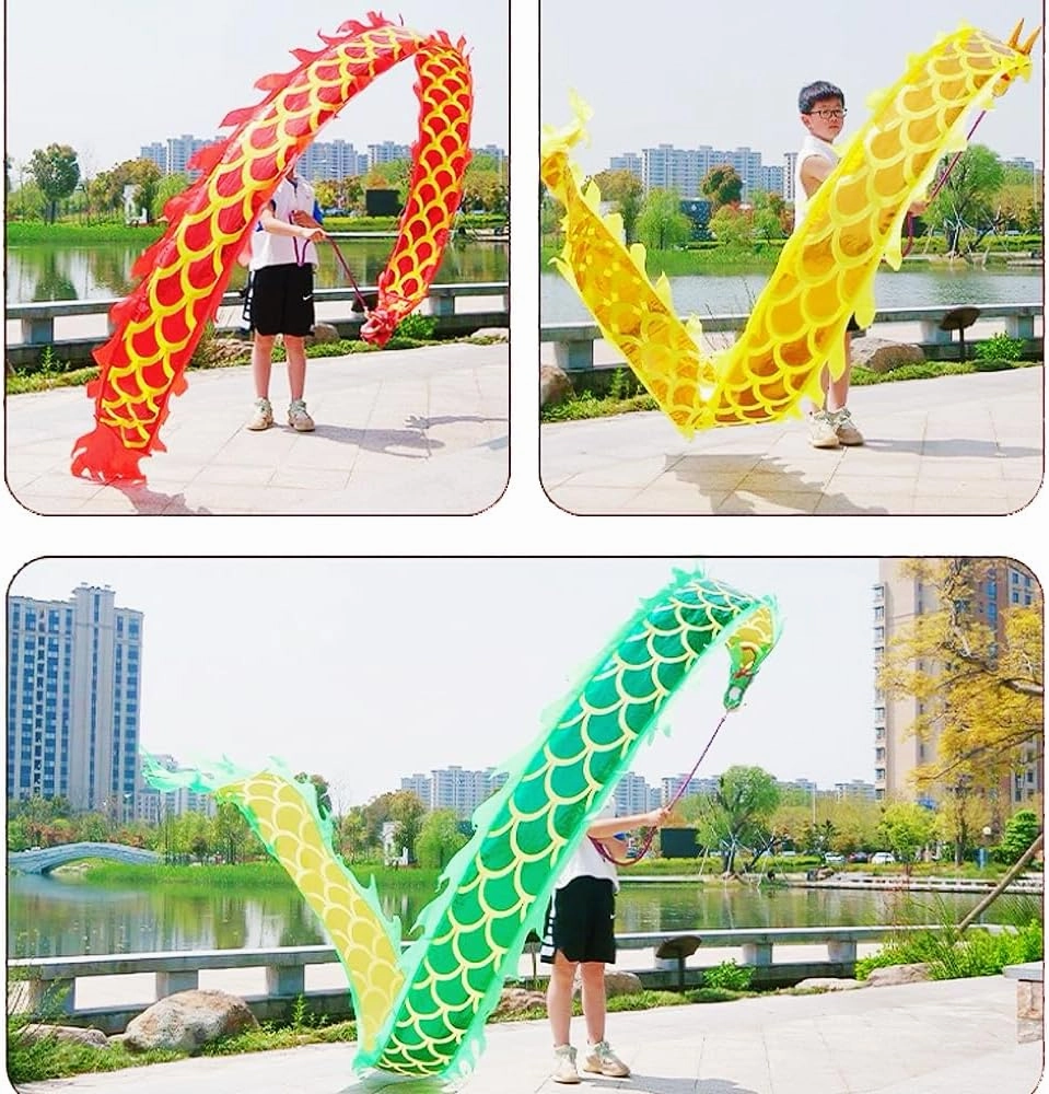 DSJUGGLING Lightweight Dragon Poi Set with 3D Head & Swing Rope for Beginners, Flowy Green Dragon Ribbon Streamer - Golden Green, 9.8 FT (3M)