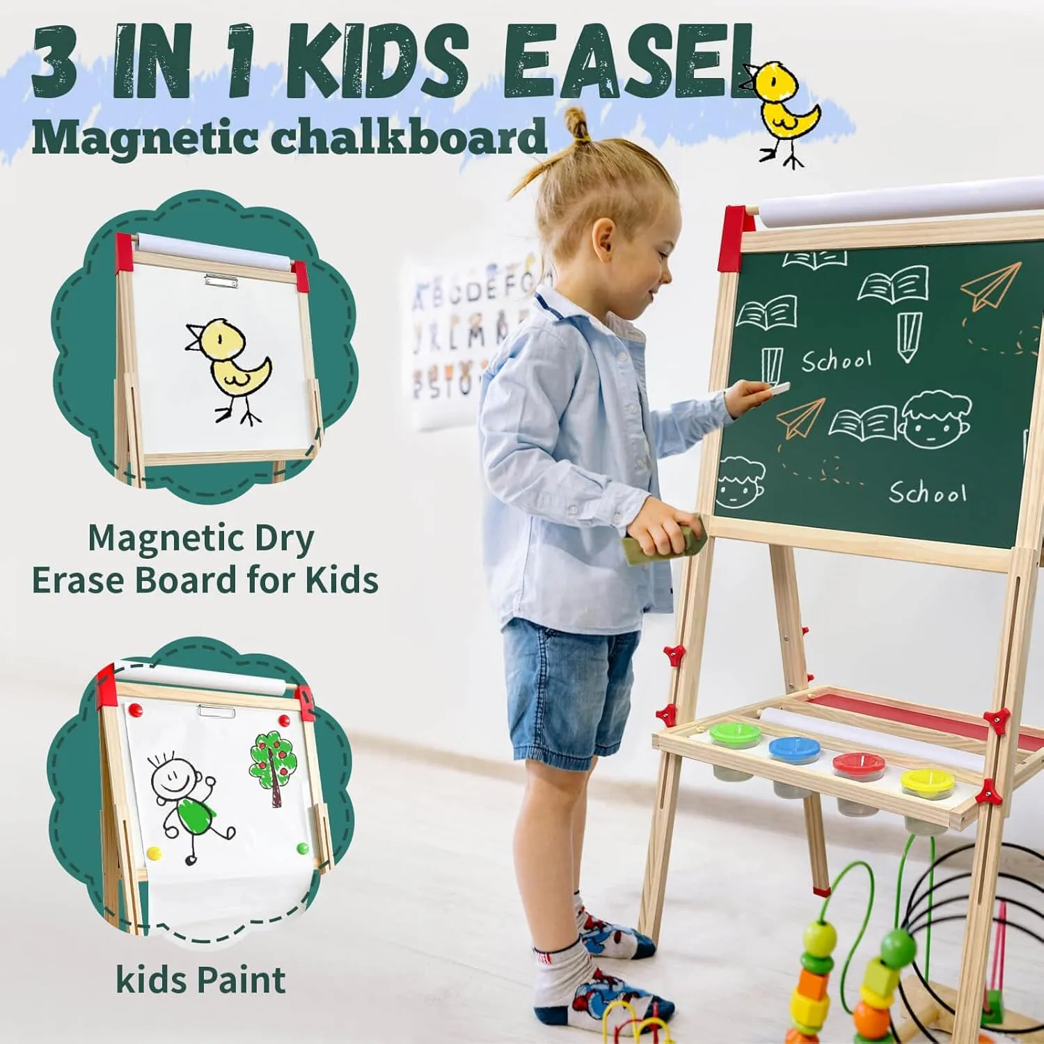 Easel for Kids,Adjustable Wooden Art Easel for Toddlers,114  Art Supplies,Double Sided Magnetic Chalkboard and White Board for Kid,Drawing and Painting for Aged 2-4,5-7,8-12,with 2 Paper Rolls