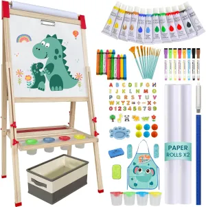Easel for Kids,Adjustable Wooden Art Easel for Toddlers,114  Art Supplies,Double Sided Magnetic Chalkboard and White Board for Kid,Drawing and Painting for Aged 2-4,5-7,8-12,with 2 Paper Rolls