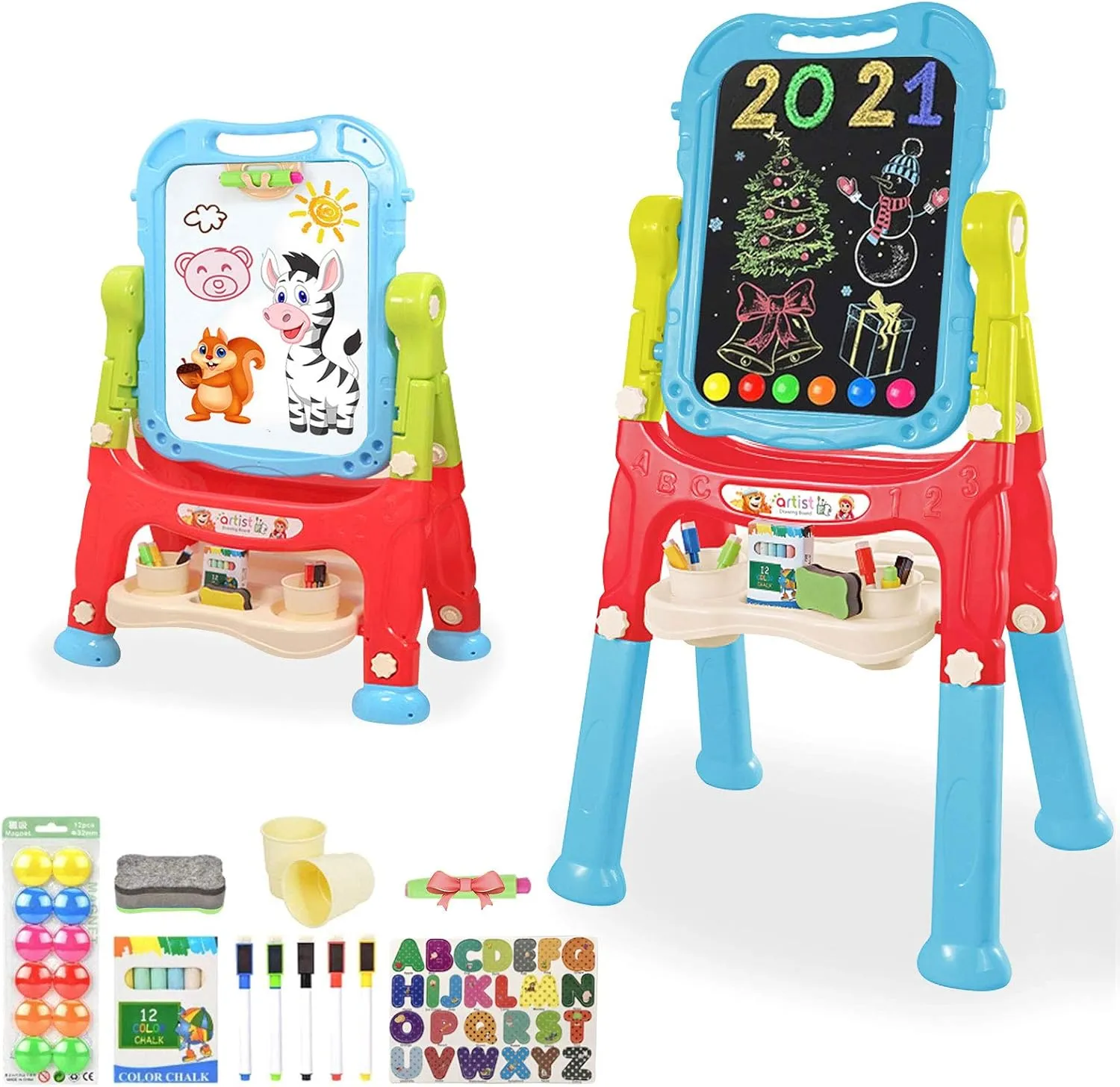 Easel for Kids,Rotatable Double Sided Adjustable Standing Art Easel with Painting Accessories for Toddlers Boys and Girls-Blue