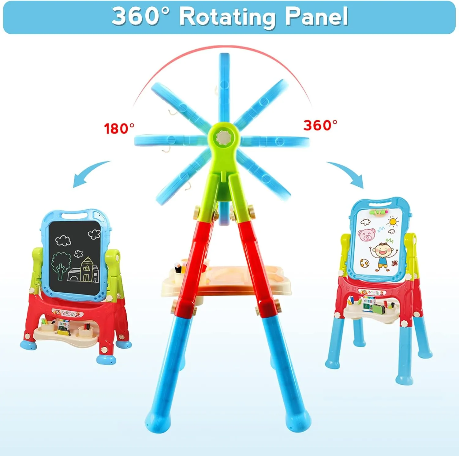 Easel for Kids,Rotatable Double Sided Adjustable Standing Art Easel with Painting Accessories for Toddlers Boys and Girls-Blue
