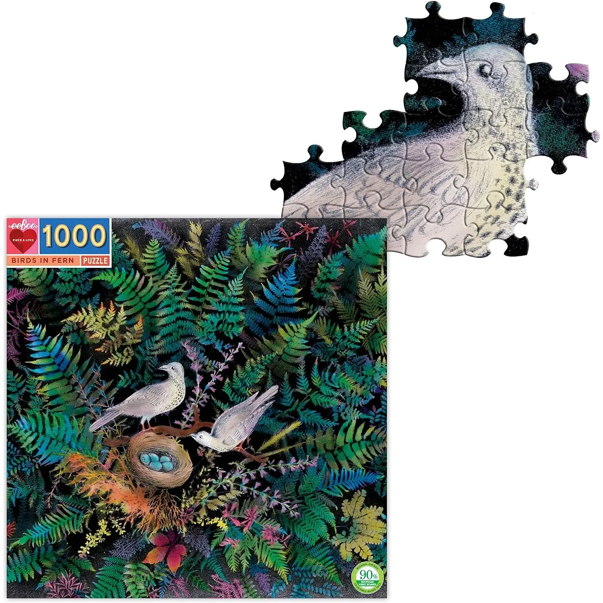 eeBoo: Fern Pieces and Love Birds 1000 Piece Square Jigsaw Puzzle for Adults Jigsaw Puzzles for Adults and Families Includes Shiny Sturdy Pieces and Minimal Puzzle Dust