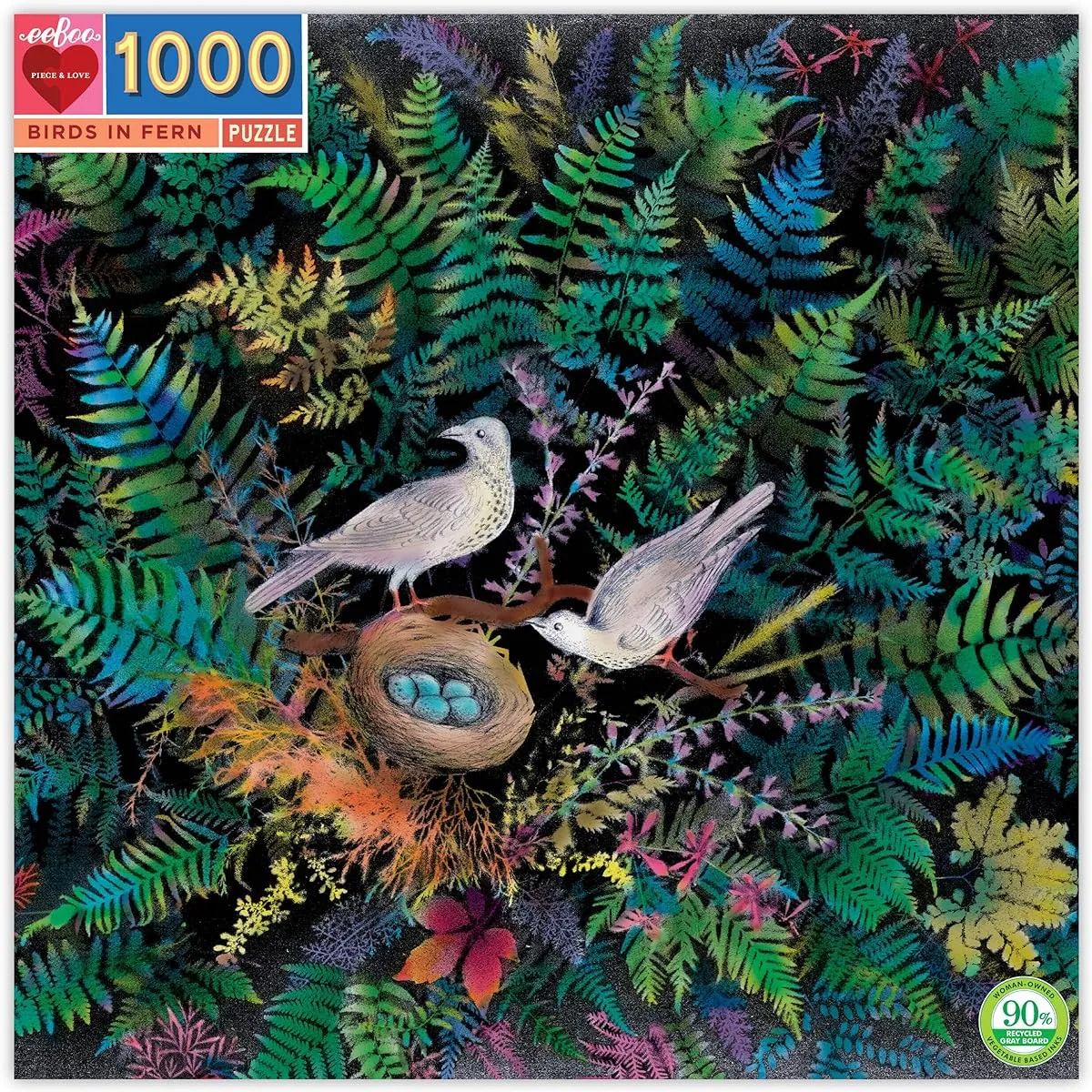 eeBoo: Fern Pieces and Love Birds 1000 Piece Square Jigsaw Puzzle for Adults Jigsaw Puzzles for Adults and Families Includes Shiny Sturdy Pieces and Minimal Puzzle Dust