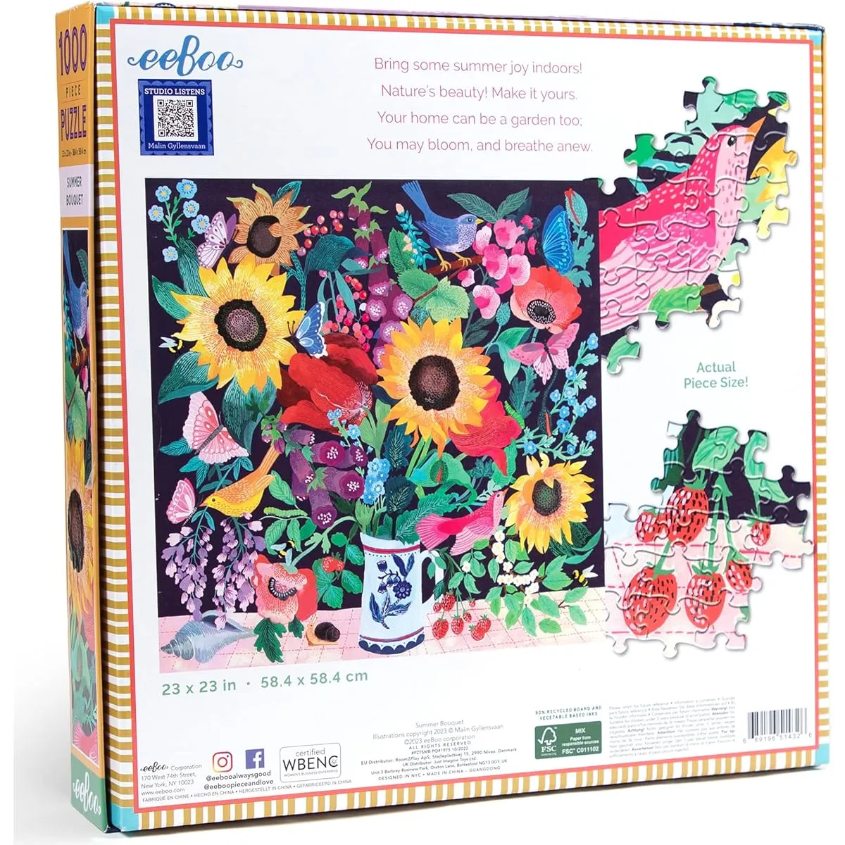 eeBoo: Piece and Love Summer Bouquet 1000 Piece Square Adult Jigsaw Puzzle - 23" x 23" when completed - Sturdy Puzzle Pieces - Ages 14 