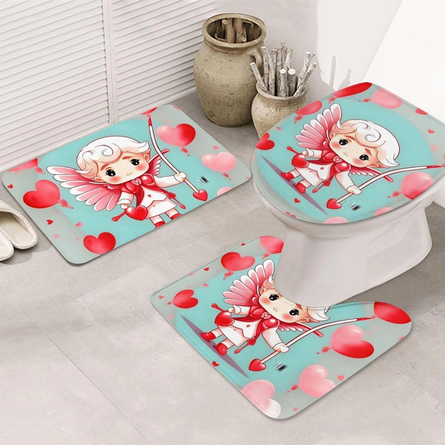 ekcos Soft and Comfortable Flannel Bathroom Non Slip Rugs,Super Absorbent Anti-Skid Carpet 3 Pieces/Set Cute Loving Boy