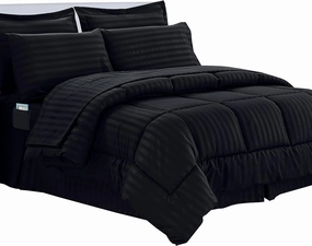 Elegant Comfort Cozy and Soft 8-Piece Bed-in-a-Bag All Season Comforter Set, Includes 4pc Smart Sheet Set, Bed Skirt, Comforter, Matching Pillowcases and Shams, Striped Design, King/Cal King, Black