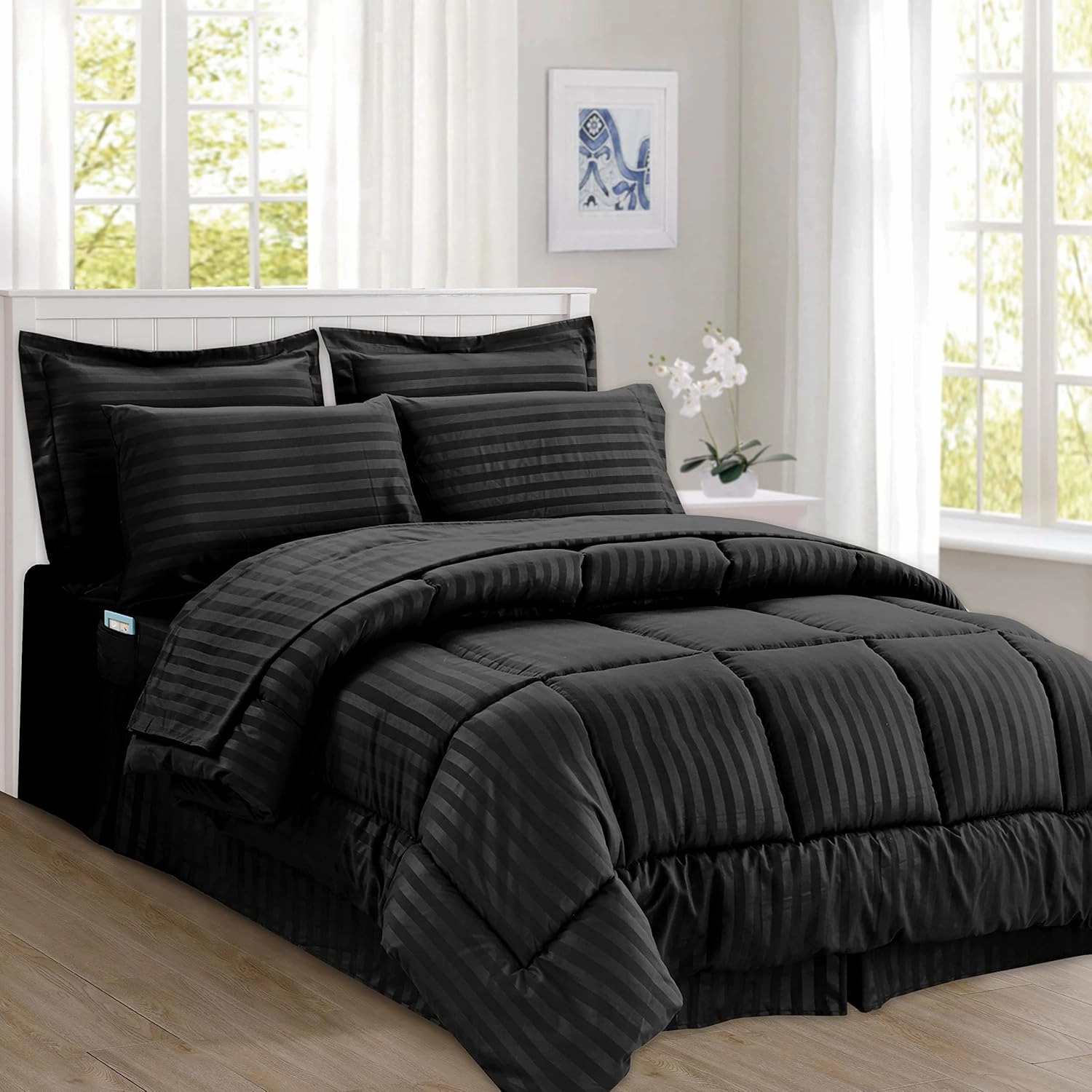Elegant Comfort Cozy and Soft 8-Piece Bed-in-a-Bag All Season Comforter Set, Includes 4pc Smart Sheet Set, Bed Skirt, Comforter, Matching Pillowcases and Shams, Striped Design, King/Cal King, Black