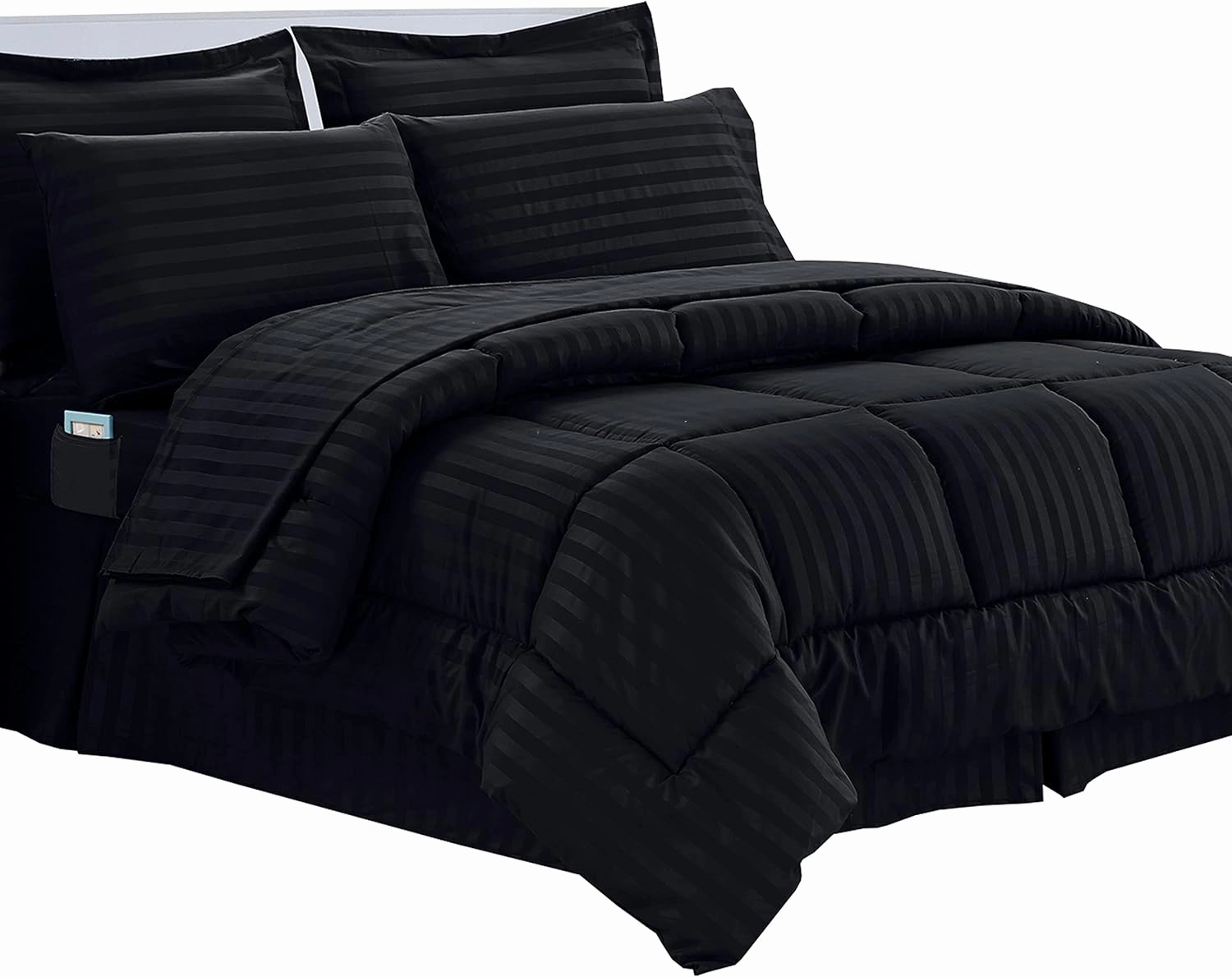 Elegant Comfort Cozy and Soft 8-Piece Bed-in-a-Bag All Season Comforter Set, Includes 4pc Smart Sheet Set, Bed Skirt, Comforter, Matching Pillowcases and Shams, Striped Design, King/Cal King, Black