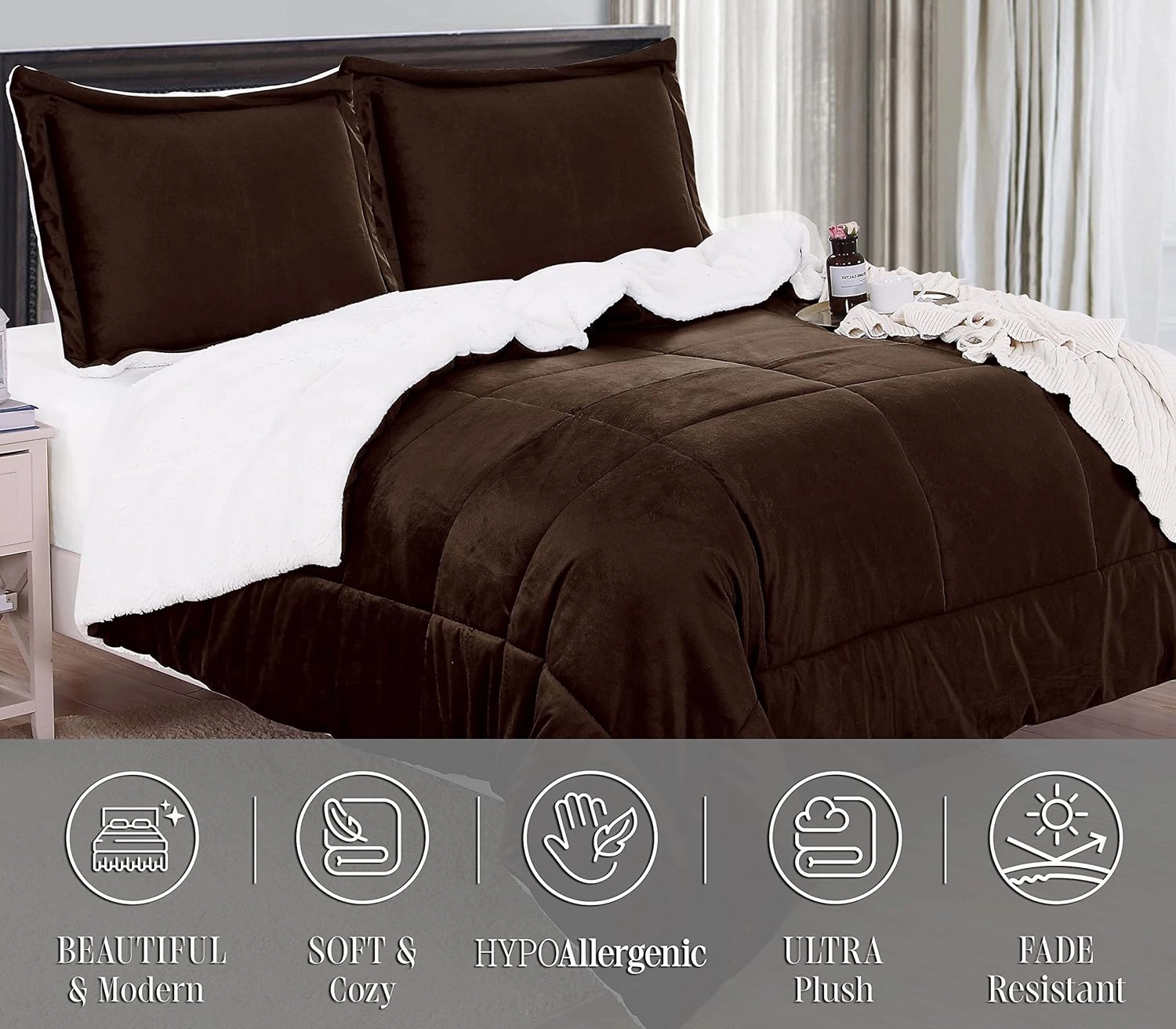 Elegant Comfort Super Soft Sherpa Comforter 3-Piece Set Premium Quality, Heavy Weight Reversible Down Alternative Micro-Suede, Sherpa Comforter, Full, Espresso Brown