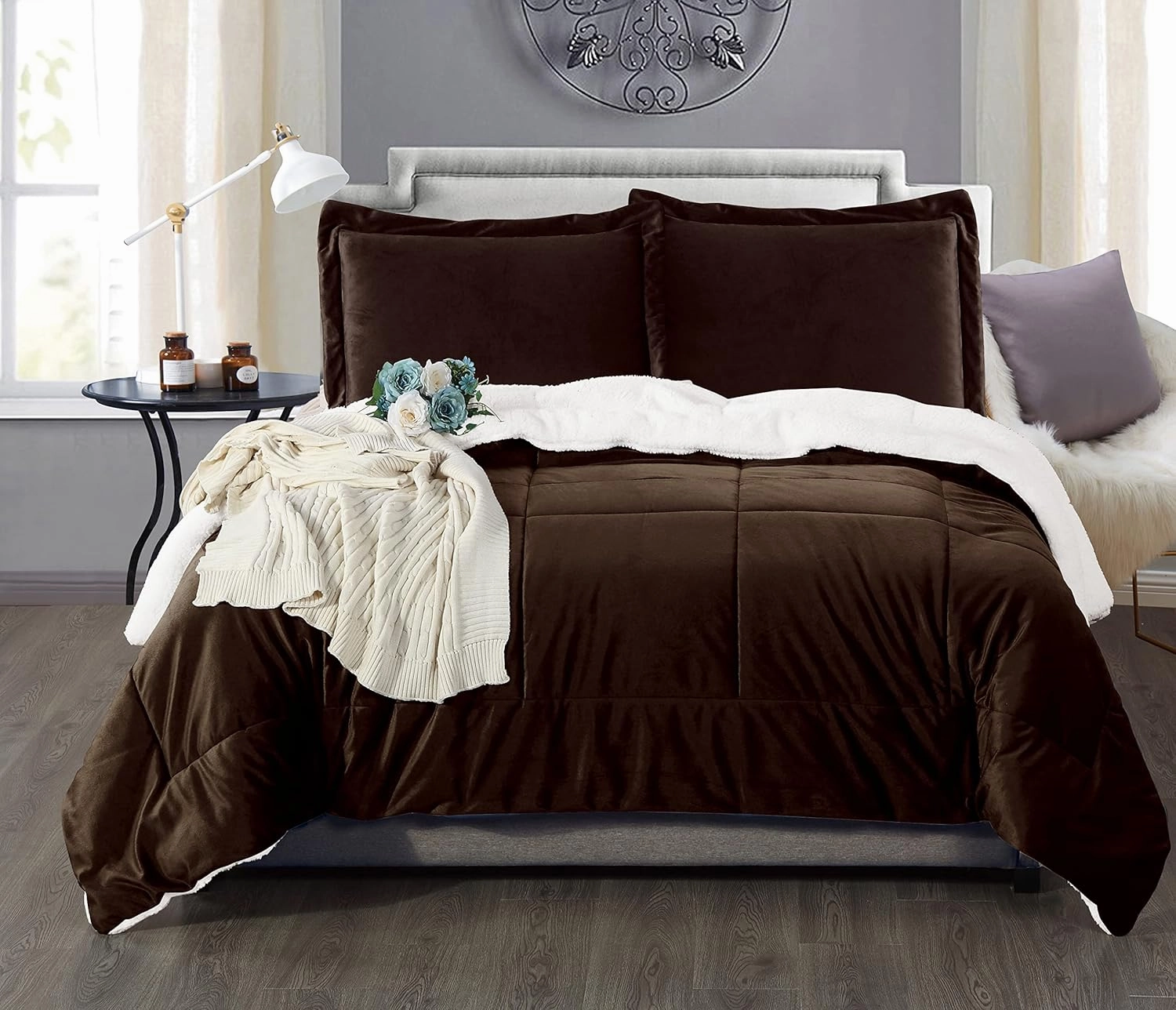 Elegant Comfort Super Soft Sherpa Comforter 3-Piece Set Premium Quality, Heavy Weight Reversible Down Alternative Micro-Suede, Sherpa Comforter, Full, Espresso Brown