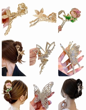 Elegant Hair Clips Set, 10 Pieces Butterfly and Rose Design, Gold and Crystal Decorative Hair Accessories for Women