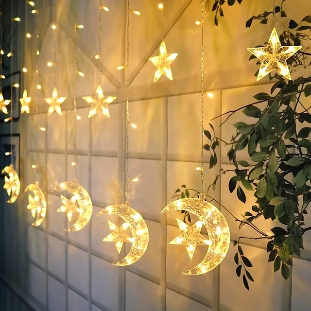 Elegant Wedding Reception Party 8.2ft Star Window Curtain Lights 12 Stars 138 LED 12 Drop Fairy String Lights with 8 Flashing Modes Decoration for Christmas Indoor Party Bedroom Wedding