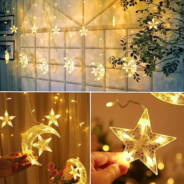 Elegant Wedding Reception Party 8.2ft Star Window Curtain Lights 12 Stars 138 LED 12 Drop Fairy String Lights with 8 Flashing Modes Decoration for Christmas Indoor Party Bedroom Wedding