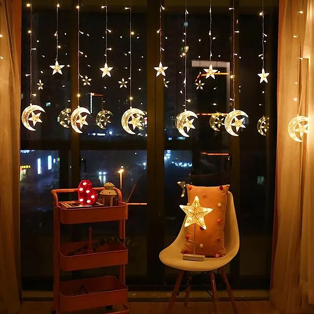 Elegant Wedding Reception Party 8.2ft Star Window Curtain Lights 12 Stars 138 LED 12 Drop Fairy String Lights with 8 Flashing Modes Decoration for Christmas Indoor Party Bedroom Wedding