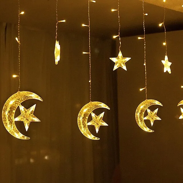 Elegant Wedding Reception Party 8.2ft Star Window Curtain Lights 12 Stars 138 LED 12 Drop Fairy String Lights with 8 Flashing Modes Decoration for Christmas Indoor Party Bedroom Wedding