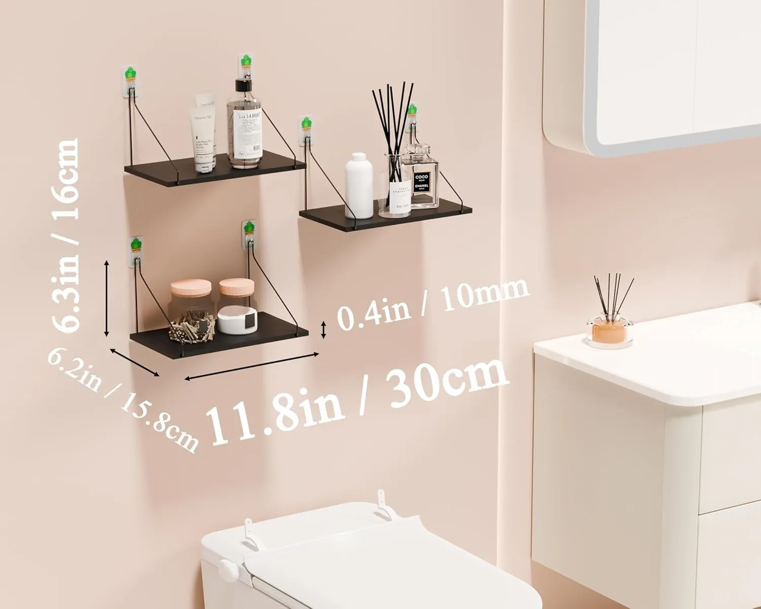 Elevate Your Space with Rustic Wood Floating Shelves Set of 3- Perfect for Bedroom, Living Room, Bathroom, and Kitchen Decor - Easy Installation, No Drilling Needed!