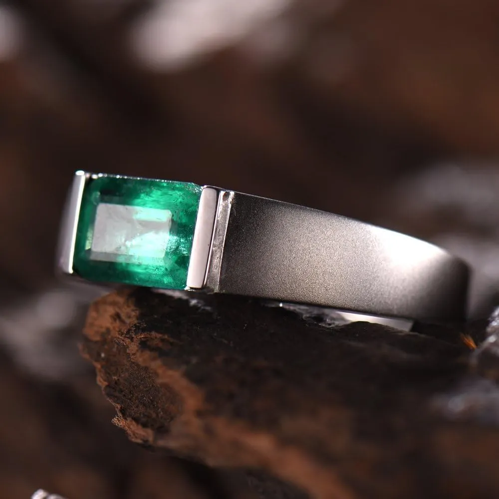 Emerald Ring For Men, 14K White Solid Gold Rings - Emerald Rings with Diamond, 6x8mm Emerald Cut Natural Genuine Emerald Green Ring For Couple Engagement Ring & Wedding Band