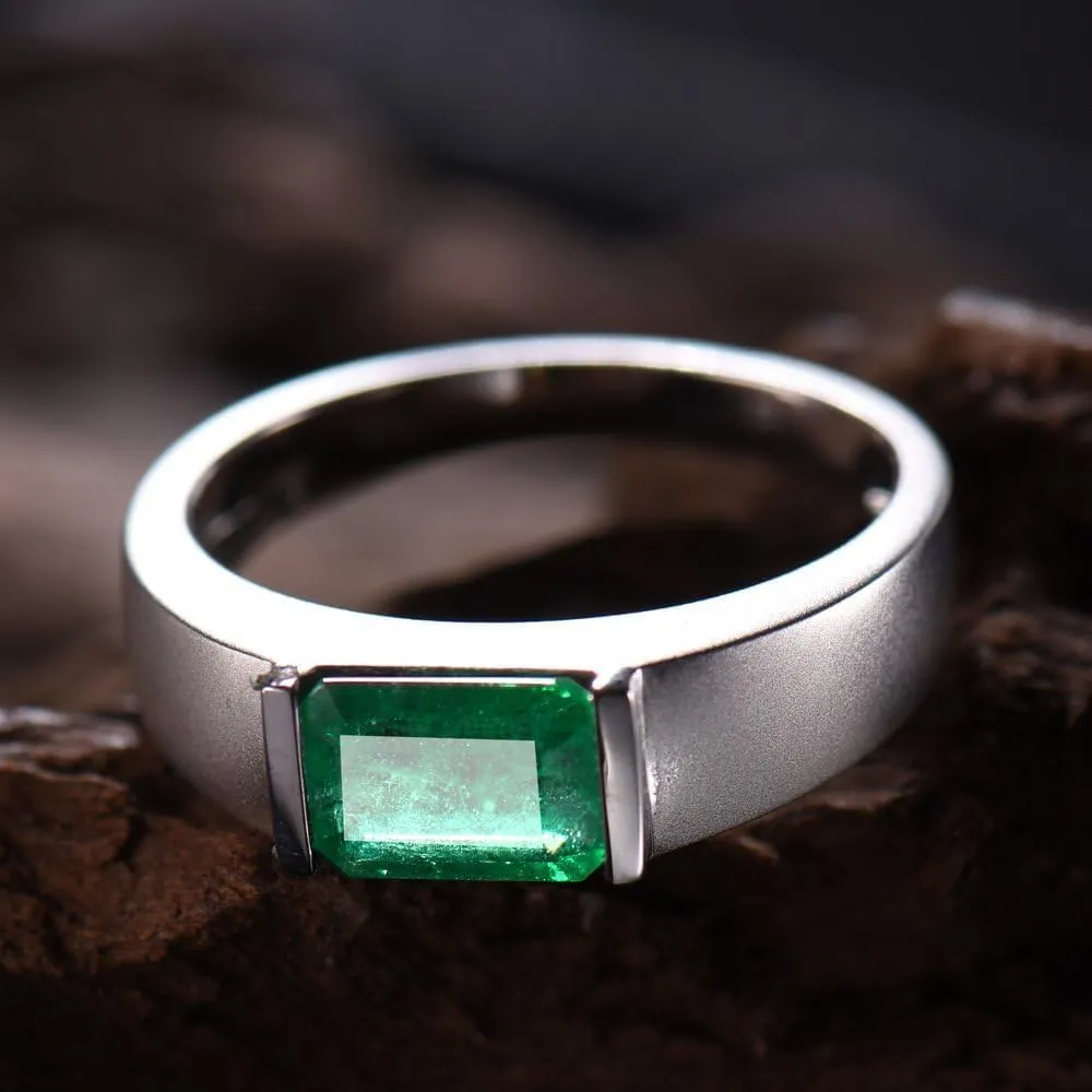 Emerald Ring For Men, 14K White Solid Gold Rings - Emerald Rings with Diamond, 6x8mm Emerald Cut Natural Genuine Emerald Green Ring For Couple Engagement Ring & Wedding Band