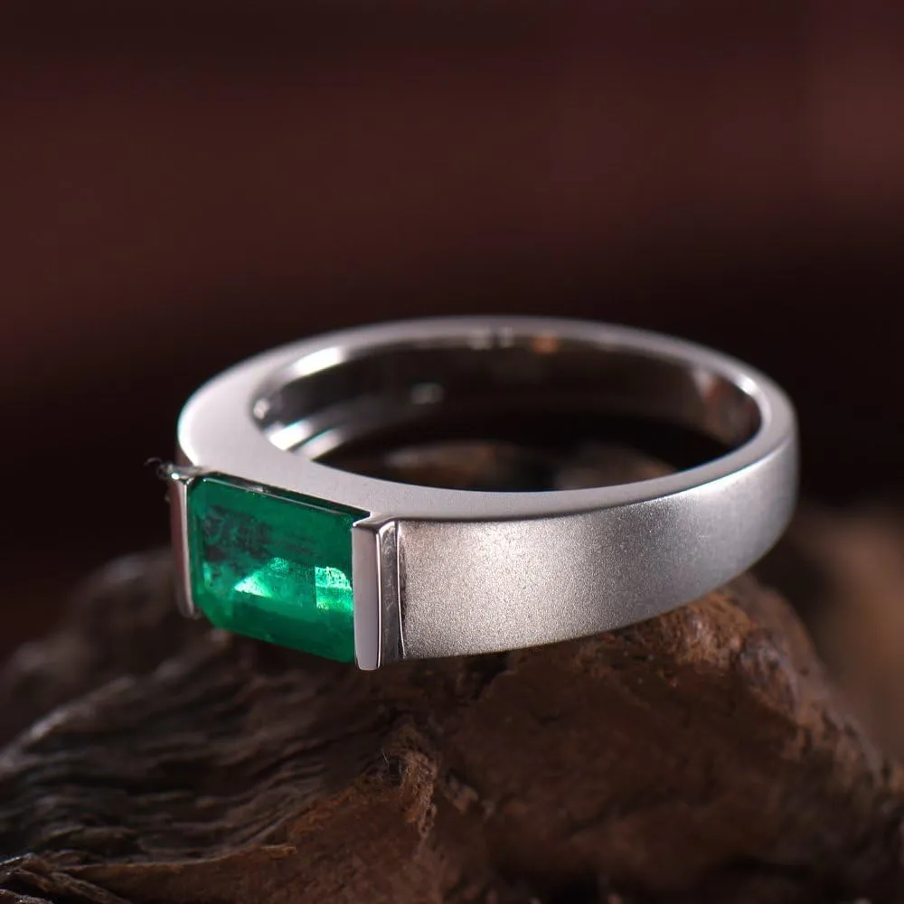 Emerald Ring For Men, 14K White Solid Gold Rings - Emerald Rings with Diamond, 6x8mm Emerald Cut Natural Genuine Emerald Green Ring For Couple Engagement Ring & Wedding Band