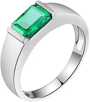 Emerald Ring For Men, 14K White Solid Gold Rings - Emerald Rings with Diamond, 6x8mm Emerald Cut Natural Genuine Emerald Green Ring For Couple Engagement Ring & Wedding Band