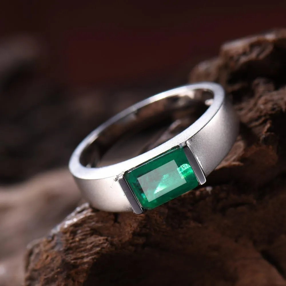 Emerald Ring For Men, 14K White Solid Gold Rings - Emerald Rings with Diamond, 6x8mm Emerald Cut Natural Genuine Emerald Green Ring For Couple Engagement Ring & Wedding Band