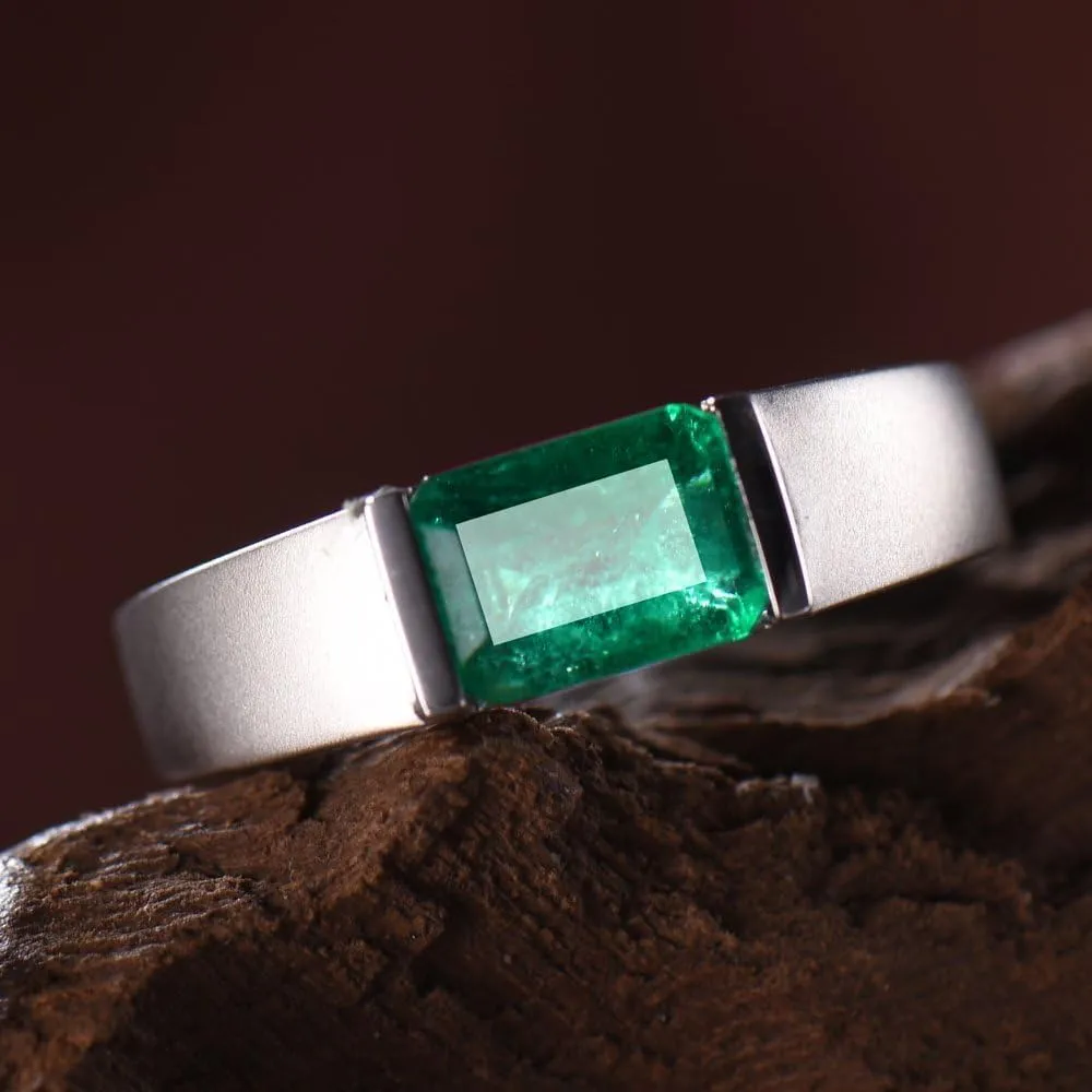 Emerald Ring For Men, 14K White Solid Gold Rings - Emerald Rings with Diamond, 6x8mm Emerald Cut Natural Genuine Emerald Green Ring For Couple Engagement Ring & Wedding Band