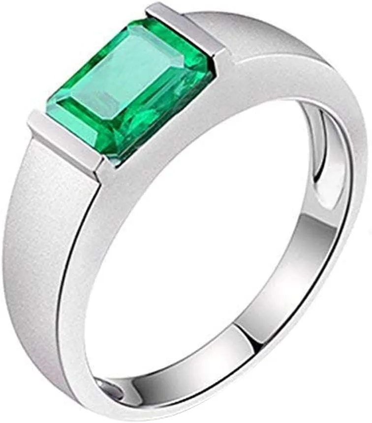 Emerald Ring For Men, 14K White Solid Gold Rings - Emerald Rings with Diamond, 6x8mm Emerald Cut Natural Genuine Emerald Green Ring For Couple Engagement Ring & Wedding Band