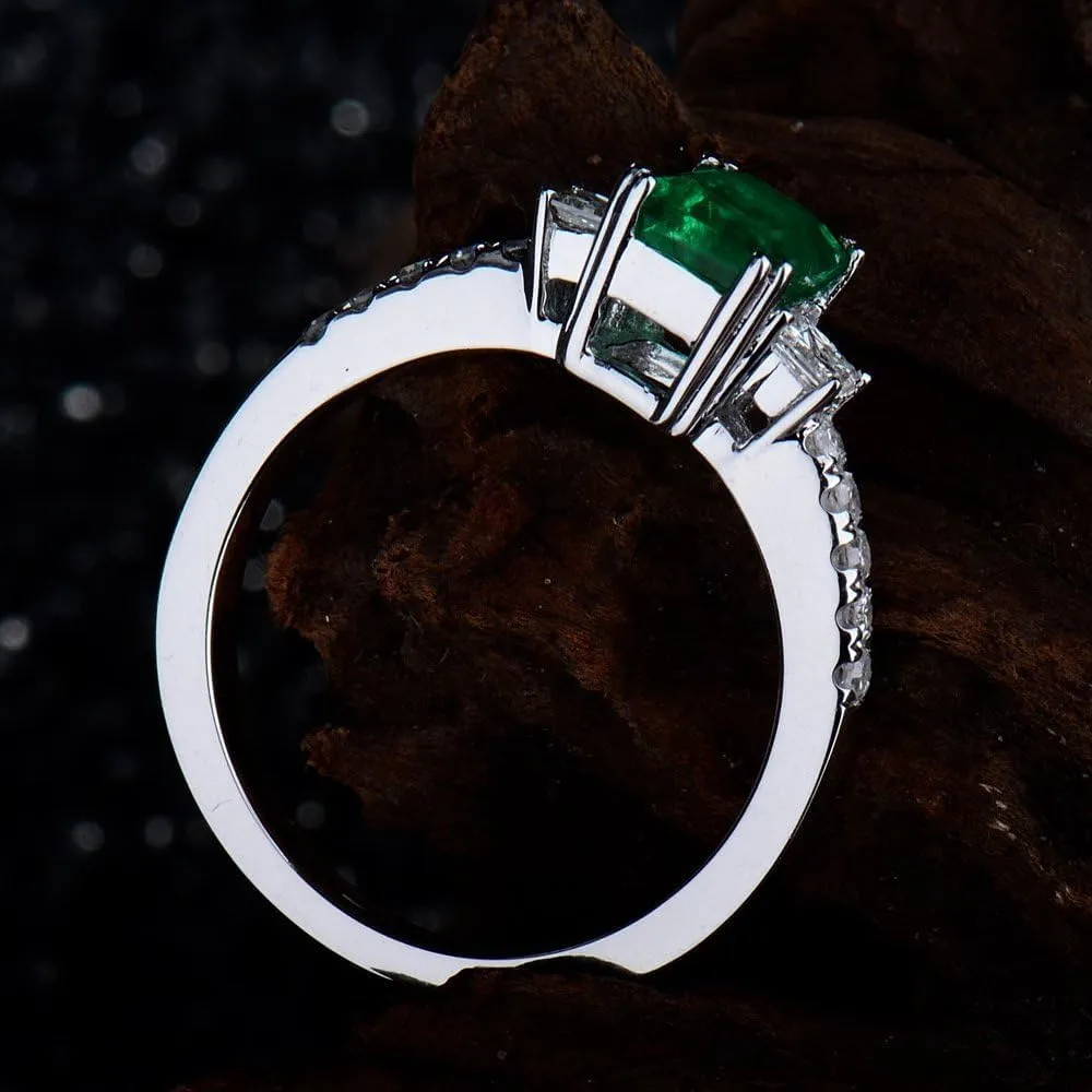 Emerald Ring For Women, 14K Solid White Gold Rings - Emerald Green Ring with Diamond, Unique Natural Emerald Real Diamond Gemstone Rings For Couple Engagement Ring & Wedding Band