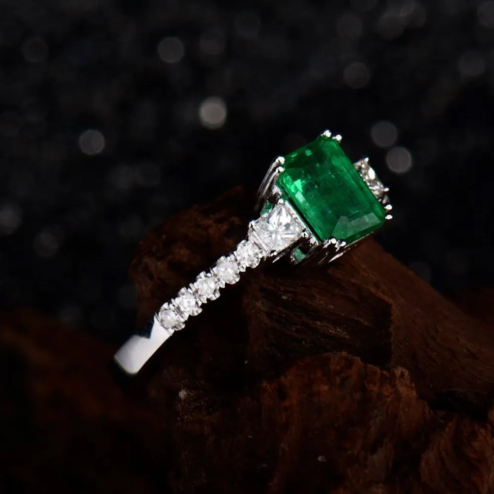 Emerald Ring For Women, 14K Solid White Gold Rings - Emerald Green Ring with Diamond, Unique Natural Emerald Real Diamond Gemstone Rings For Couple Engagement Ring & Wedding Band