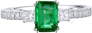 Emerald Ring For Women, 14K Solid White Gold Rings - Emerald Green Ring with Diamond, Unique Natural Emerald Real Diamond Gemstone Rings For Couple Engagement Ring & Wedding Band