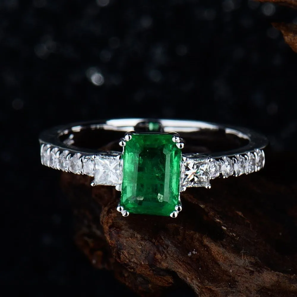 Emerald Ring For Women, 14K Solid White Gold Rings - Emerald Green Ring with Diamond, Unique Natural Emerald Real Diamond Gemstone Rings For Couple Engagement Ring & Wedding Band