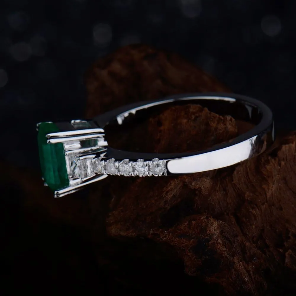 Emerald Ring For Women, 14K Solid White Gold Rings - Emerald Green Ring with Diamond, Unique Natural Emerald Real Diamond Gemstone Rings For Couple Engagement Ring & Wedding Band