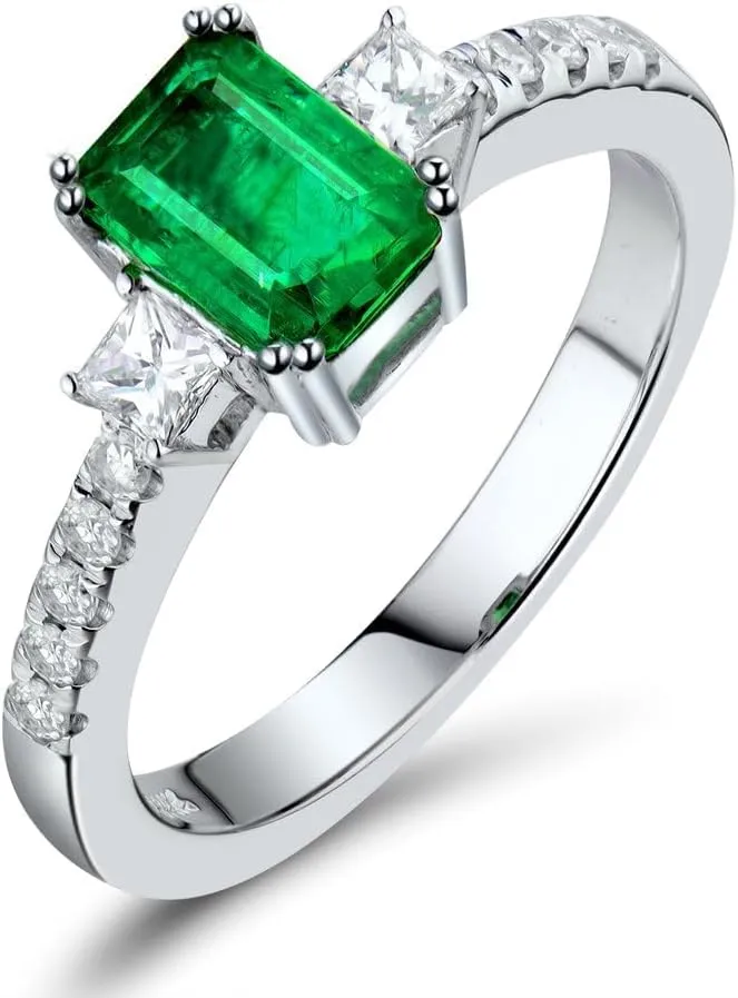 Emerald Ring For Women, 14K Solid White Gold Rings - Emerald Green Ring with Diamond, Unique Natural Emerald Real Diamond Gemstone Rings For Couple Engagement Ring & Wedding Band