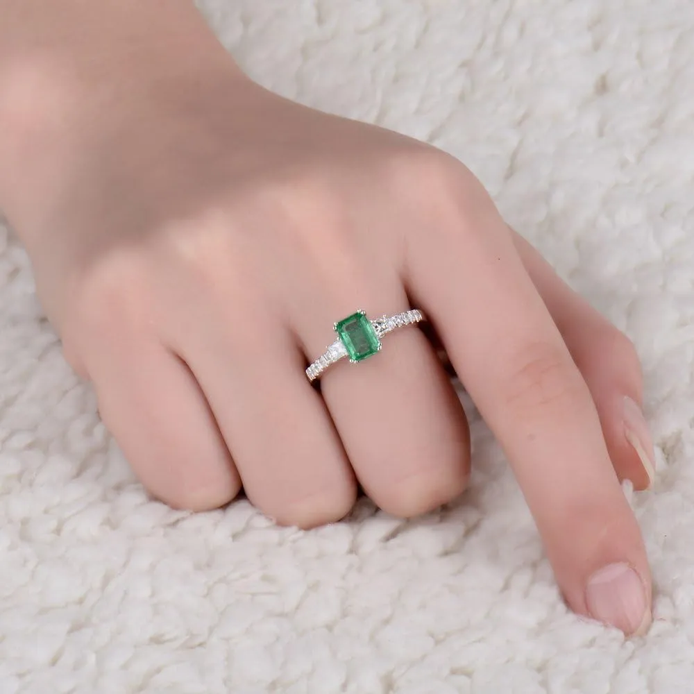 Emerald Ring For Women, 14K Solid White Gold Rings - Emerald Green Ring with Diamond, Unique Natural Emerald Real Diamond Gemstone Rings For Couple Engagement Ring & Wedding Band