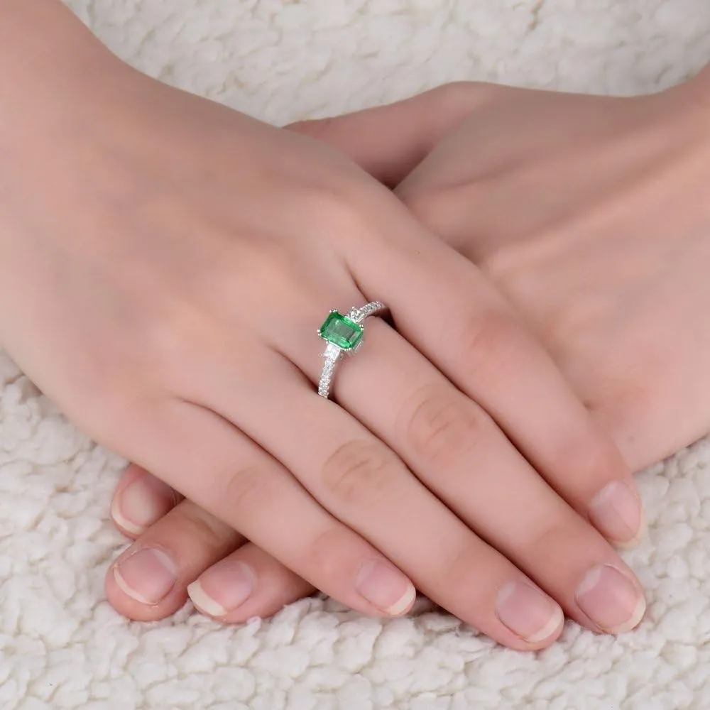 Emerald Ring For Women, 14K Solid White Gold Rings - Emerald Green Ring with Diamond, Unique Natural Emerald Real Diamond Gemstone Rings For Couple Engagement Ring & Wedding Band