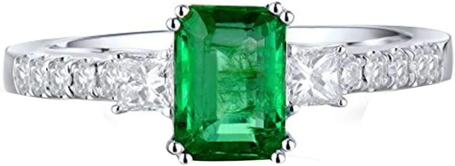 Emerald Ring For Women, 14K Solid White Gold Rings - Emerald Green Ring with Diamond, Unique Natural Emerald Real Diamond Gemstone Rings For Couple Engagement Ring & Wedding Band