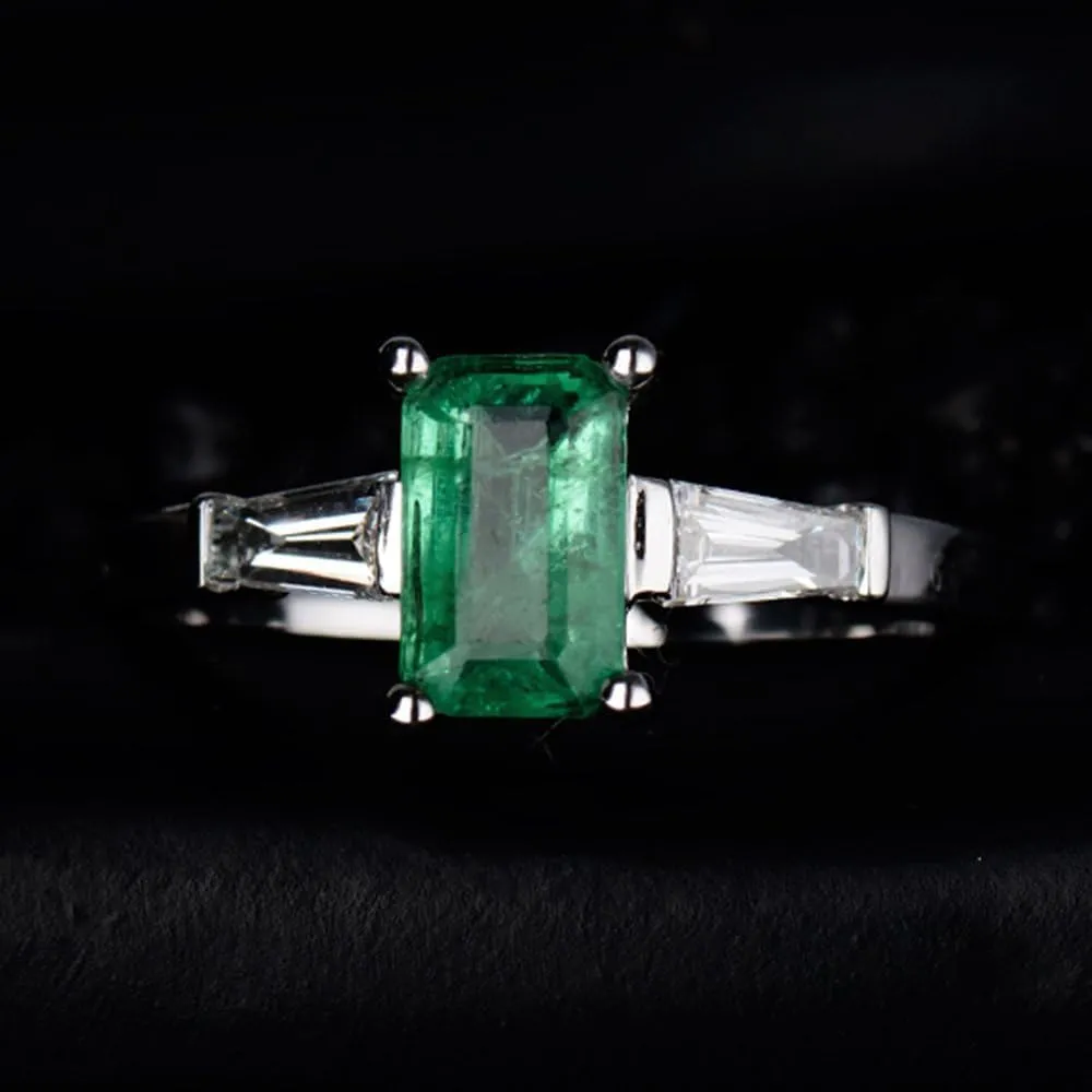 Emerald Ring For Women, 14K Solid White Gold Rings - Emerald Green Ring with Diamond, Vintage Fashion Natural Emerald Rings & Real Diamond Eternity Band For Bridal Engagement Ring