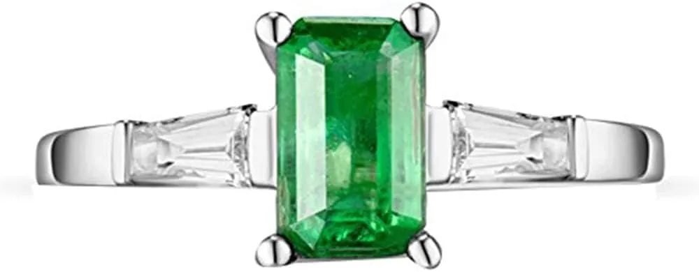 Emerald Ring For Women, 14K Solid White Gold Rings - Emerald Green Ring with Diamond, Vintage Fashion Natural Emerald Rings & Real Diamond Eternity Band For Bridal Engagement Ring