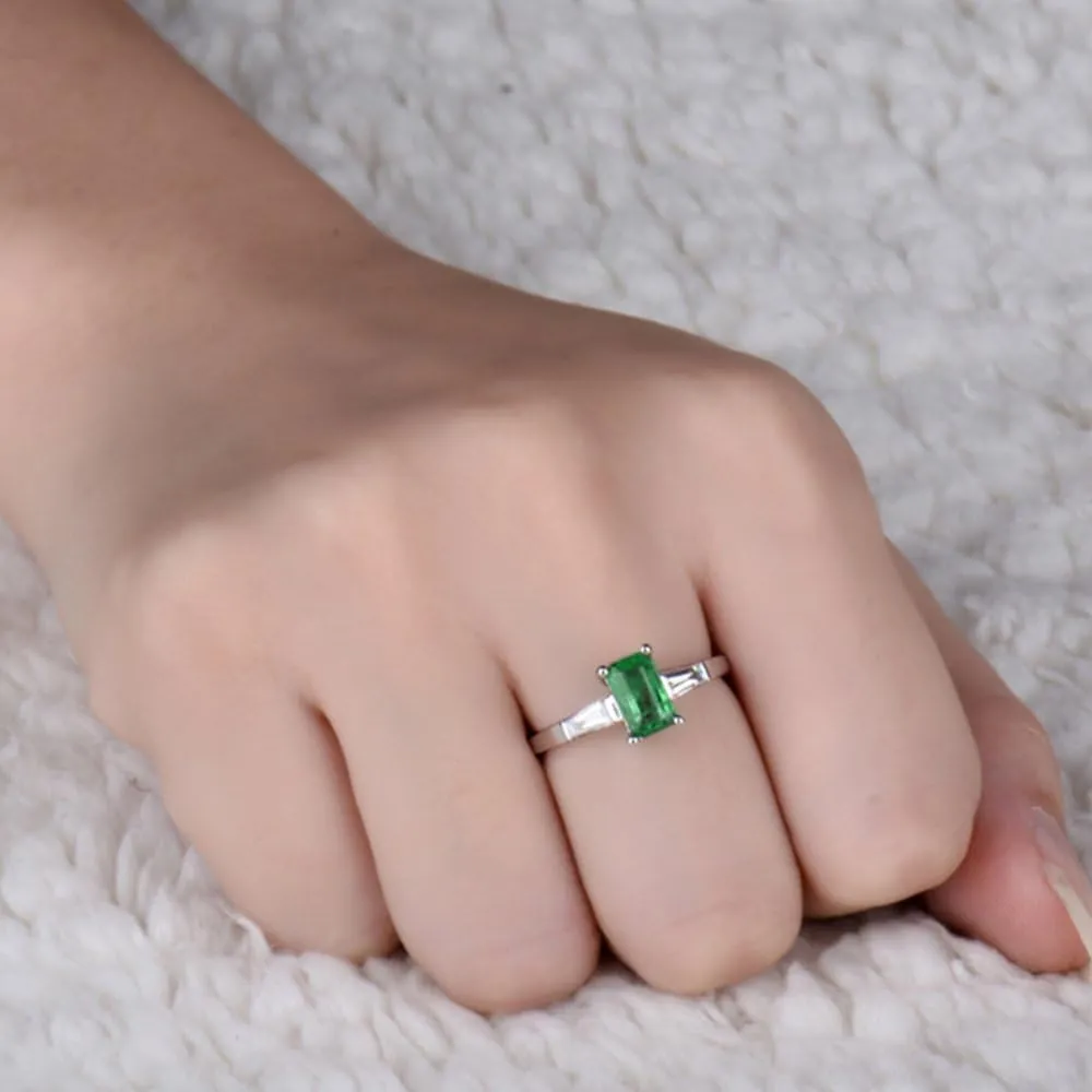 Emerald Ring For Women, 14K Solid White Gold Rings - Emerald Green Ring with Diamond, Vintage Fashion Natural Emerald Rings & Real Diamond Eternity Band For Bridal Engagement Ring