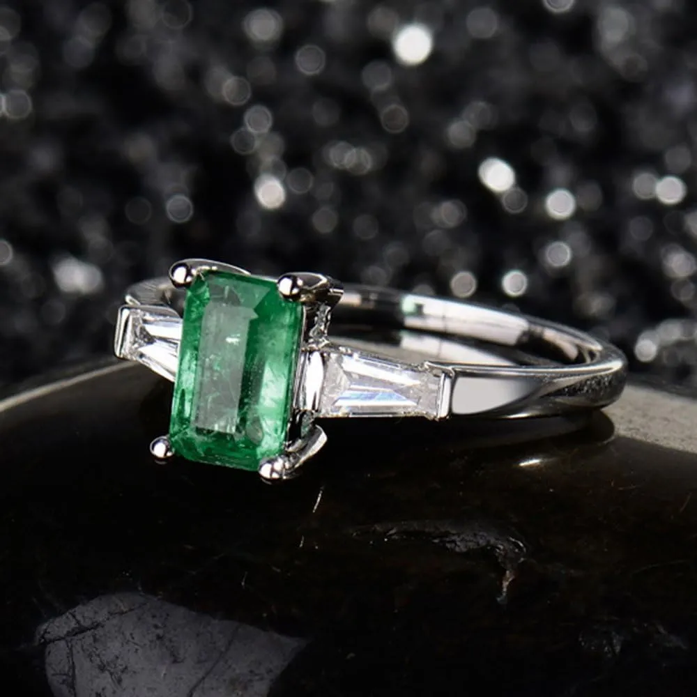 Emerald Ring For Women, 14K Solid White Gold Rings - Emerald Green Ring with Diamond, Vintage Fashion Natural Emerald Rings & Real Diamond Eternity Band For Bridal Engagement Ring