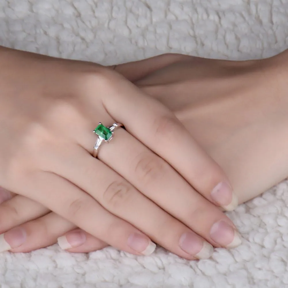 Emerald Ring For Women, 14K Solid White Gold Rings - Emerald Green Ring with Diamond, Vintage Fashion Natural Emerald Rings & Real Diamond Eternity Band For Bridal Engagement Ring