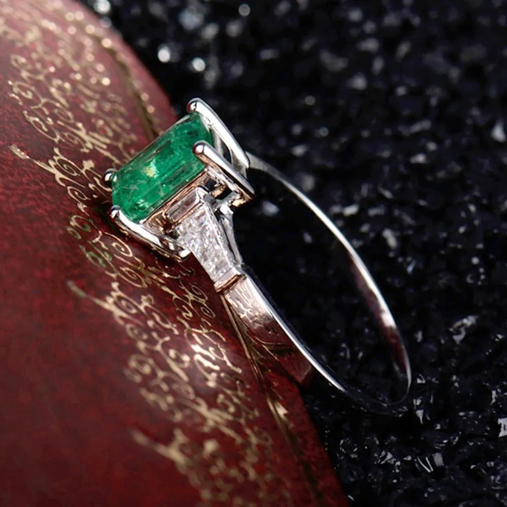 Emerald Ring For Women, 14K Solid White Gold Rings - Emerald Green Ring with Diamond, Vintage Fashion Natural Emerald Rings & Real Diamond Eternity Band For Bridal Engagement Ring
